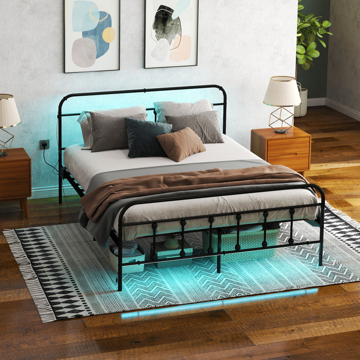 King Bed Frame with LED Lights and Charging Station