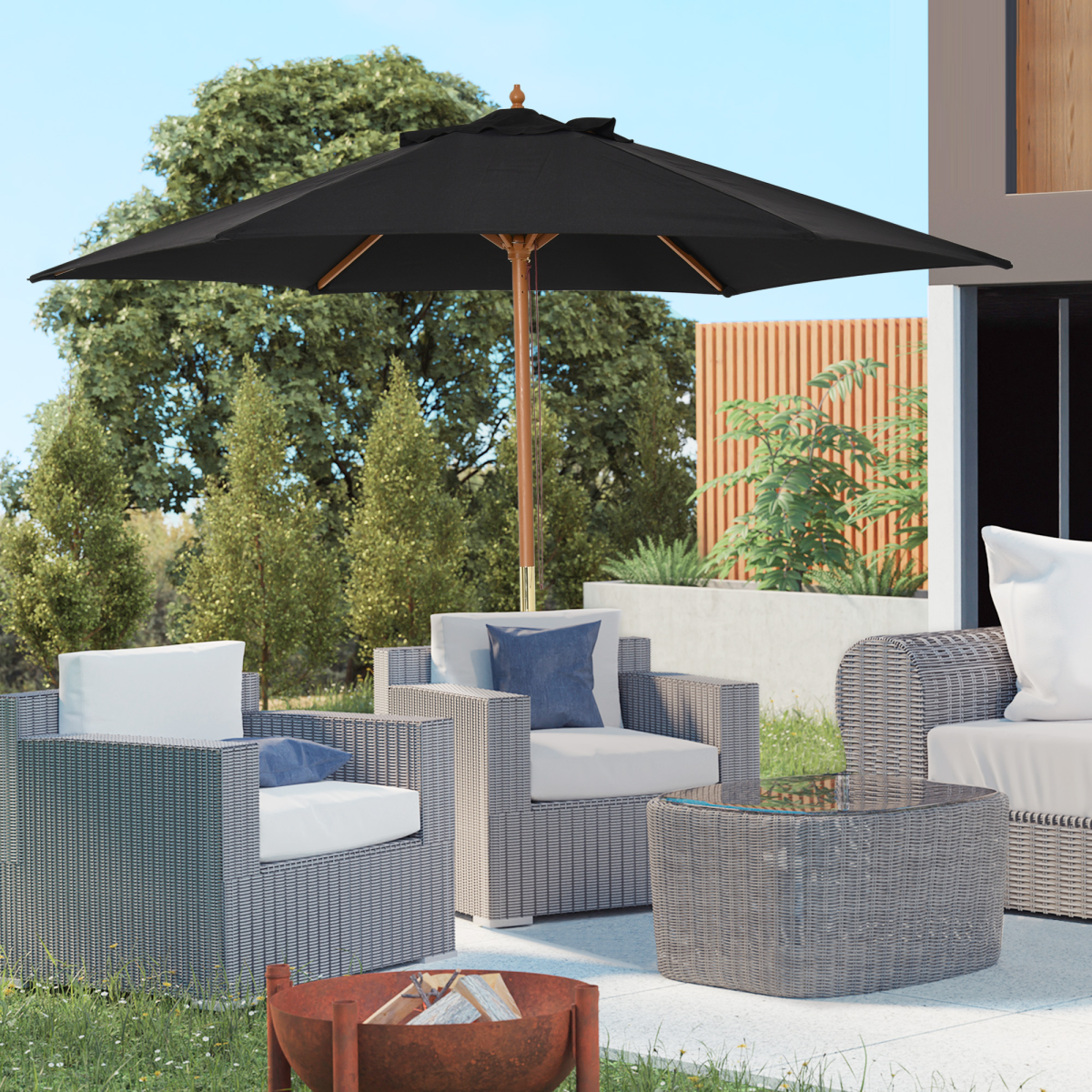 2.5m Wooden Garden Parasol with Rope Pulley & Vented Canopy