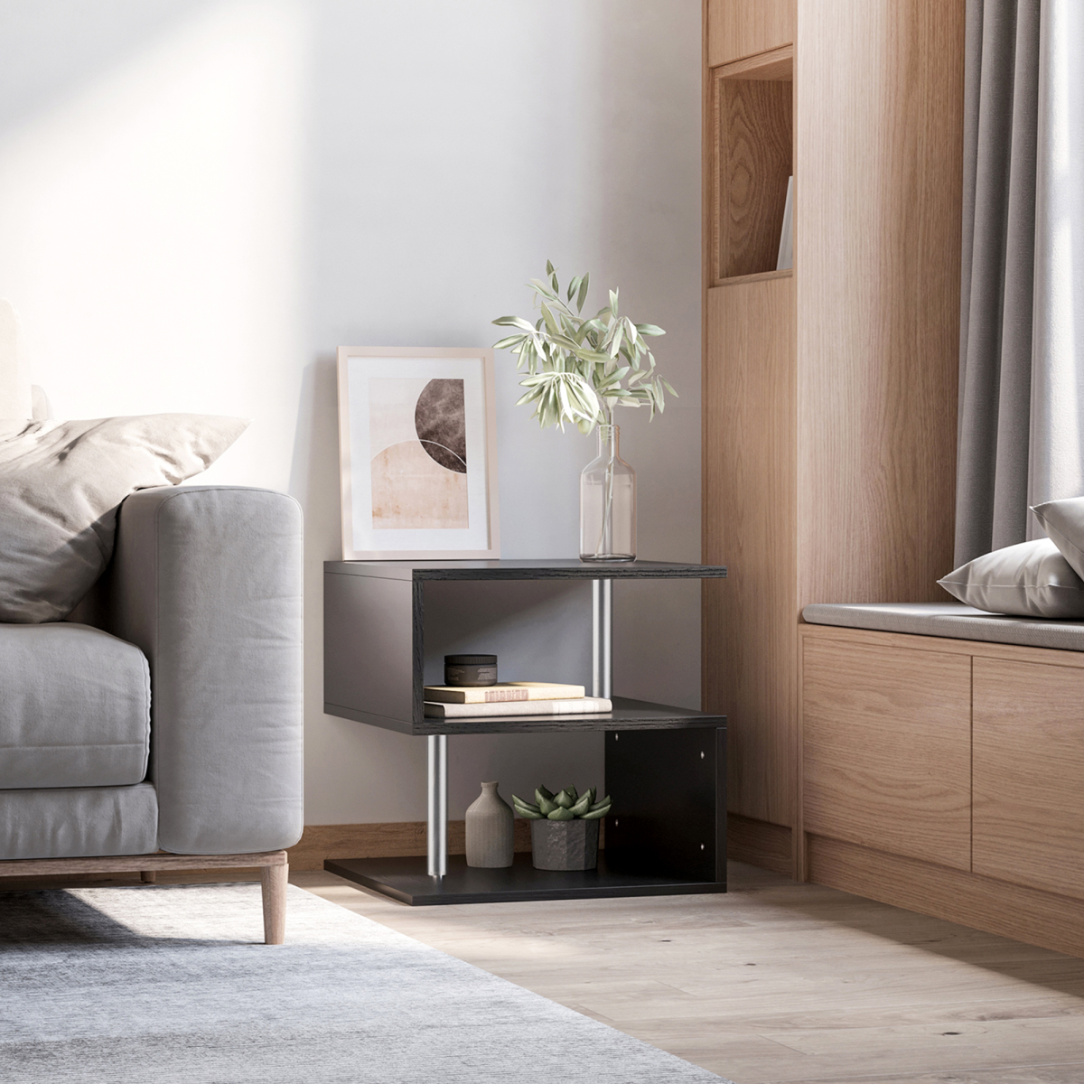 S-Shaped 2-Tier Wooden Side Table