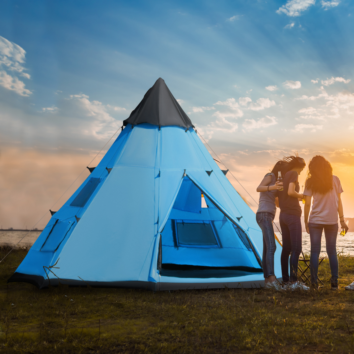 6–7 Person Tipi Camping Tent – Large Family Shelter with Mesh Windows & Carry Bag