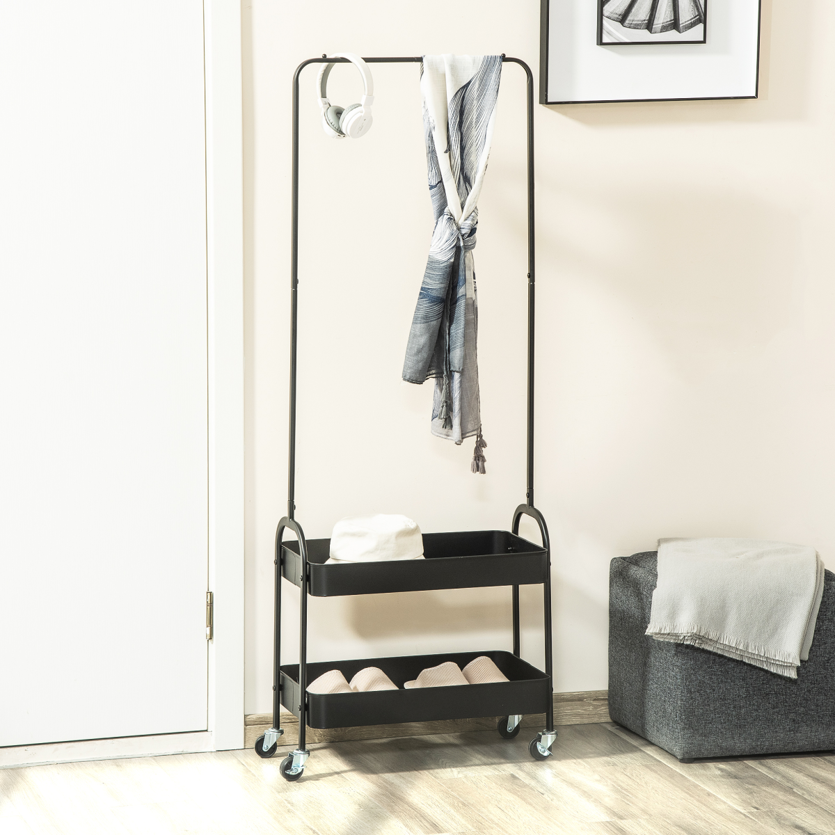 Compact Rolling Clothes Rail with Dual Storage Trays