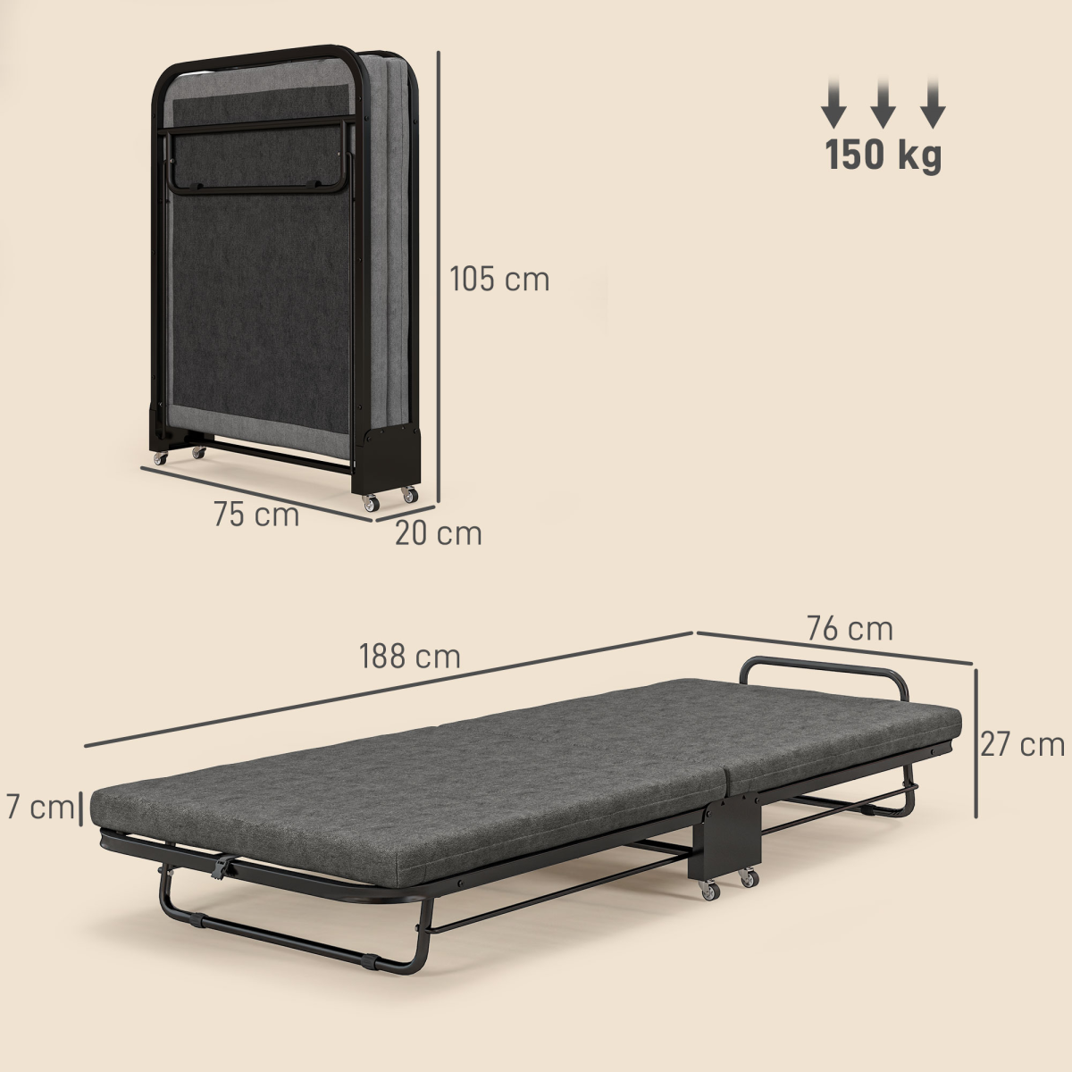 Folding Bed with Adjustable Backrest