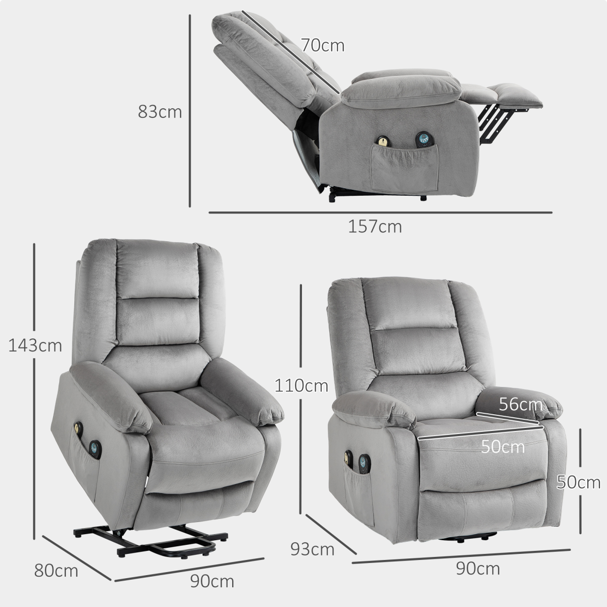 Electric Recliner Massage Lift Chair – Grey Velvet