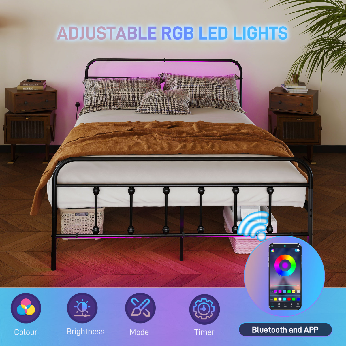 King Bed Frame with LED Lights and Charging Station