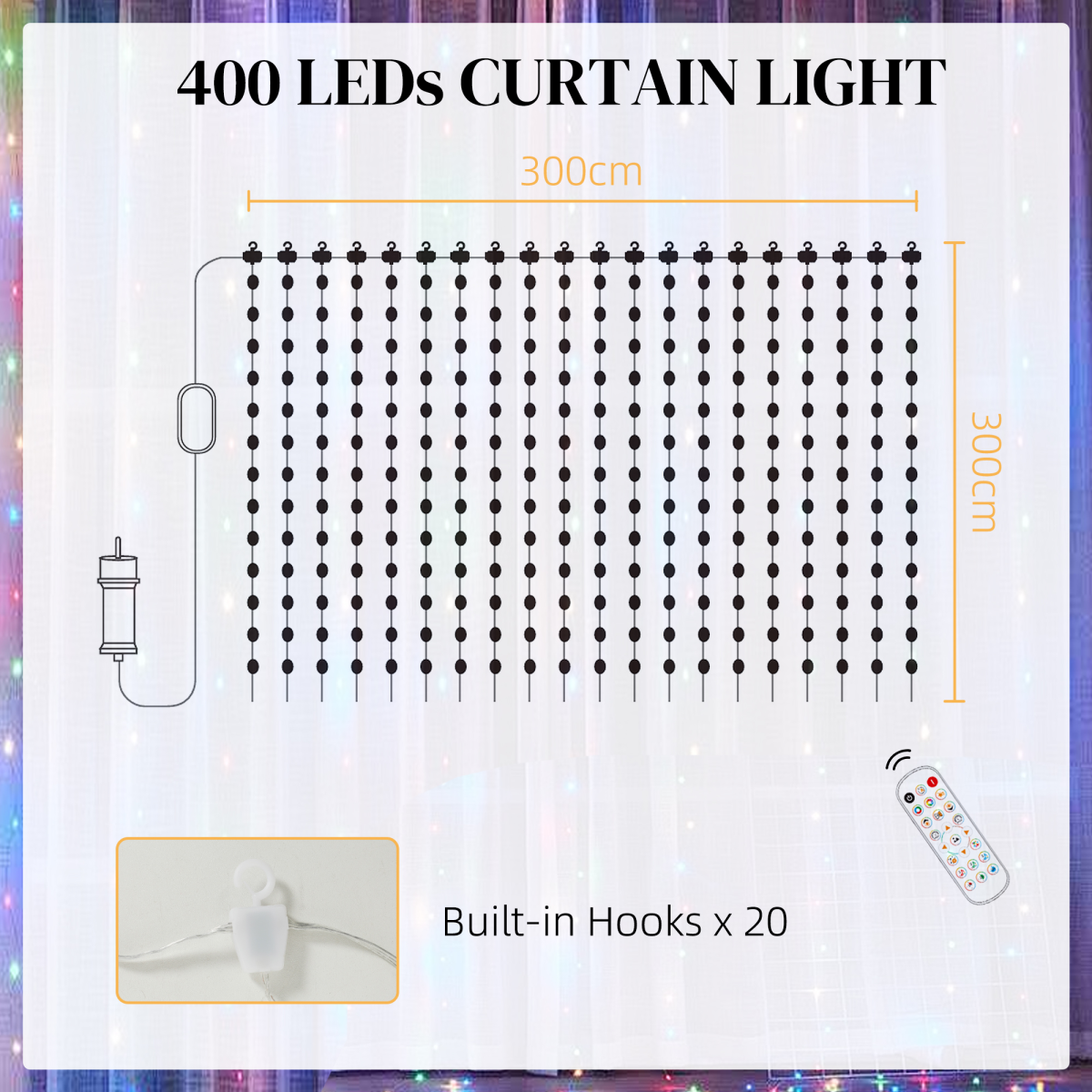 RGB Pixel Curtain Lights – 400 LEDs | App + Remote Controlled | 3x3m