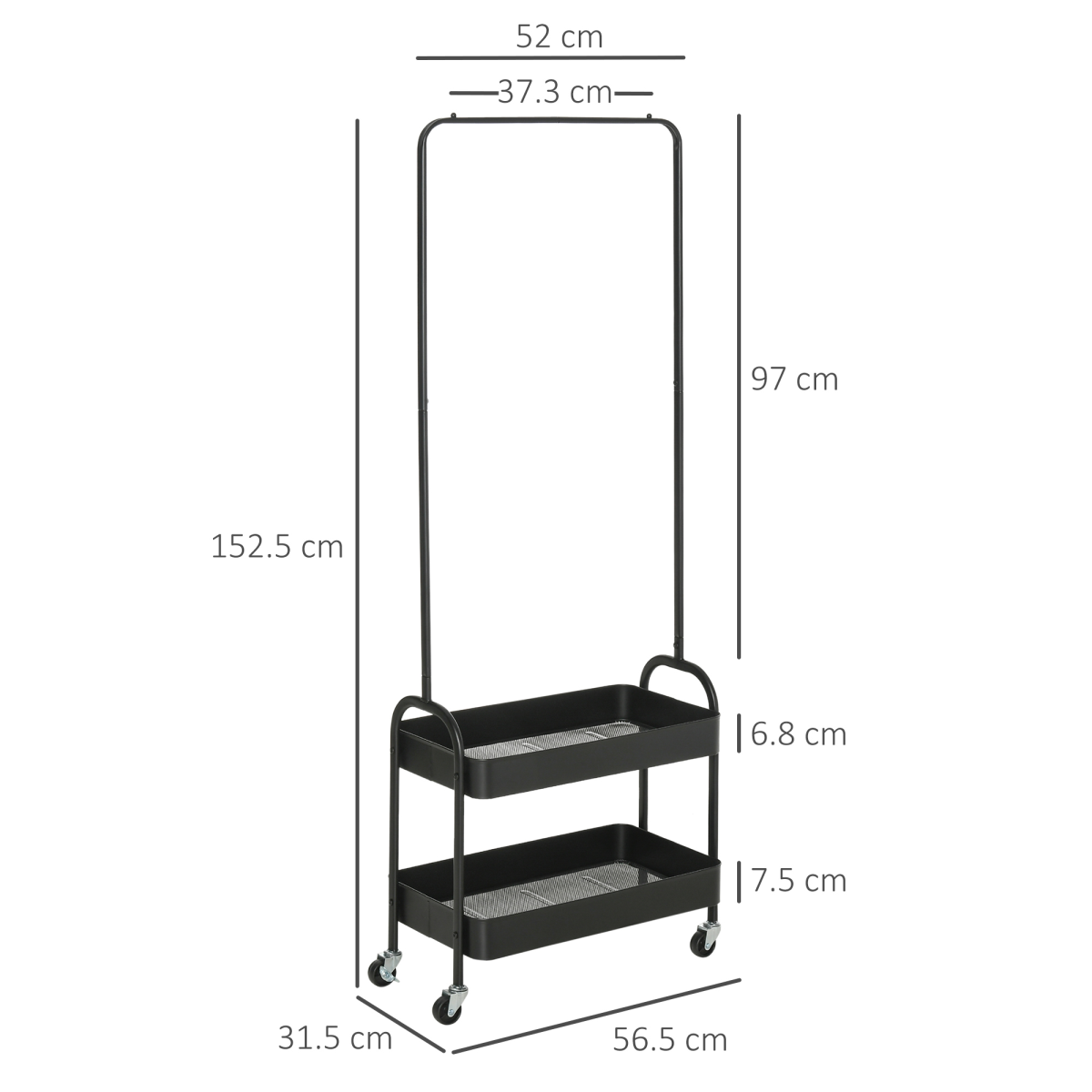 Compact Rolling Clothes Rail with Dual Storage Trays