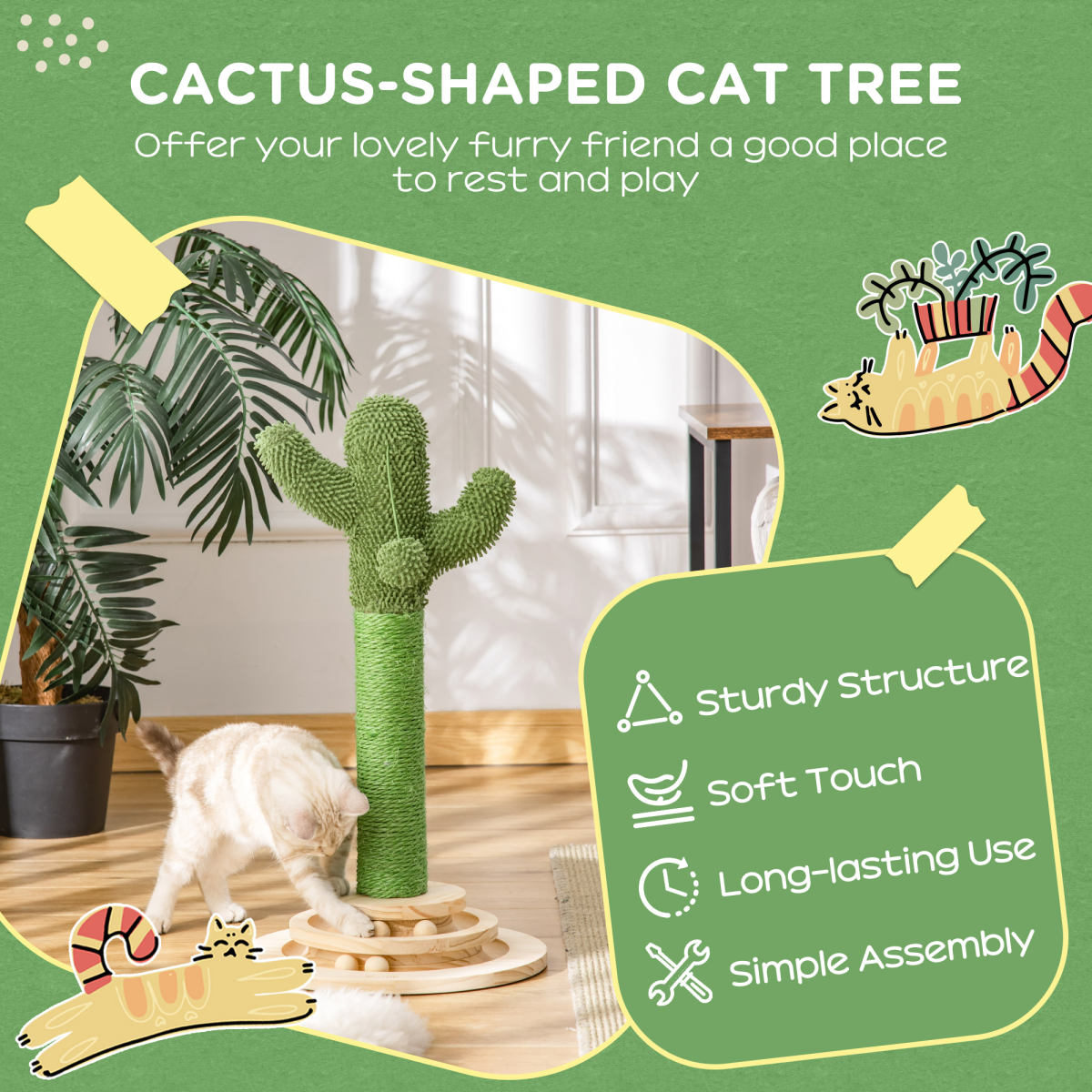 Mini Cactus Cat Tree – Scratcher Tower with Toys (60cm)