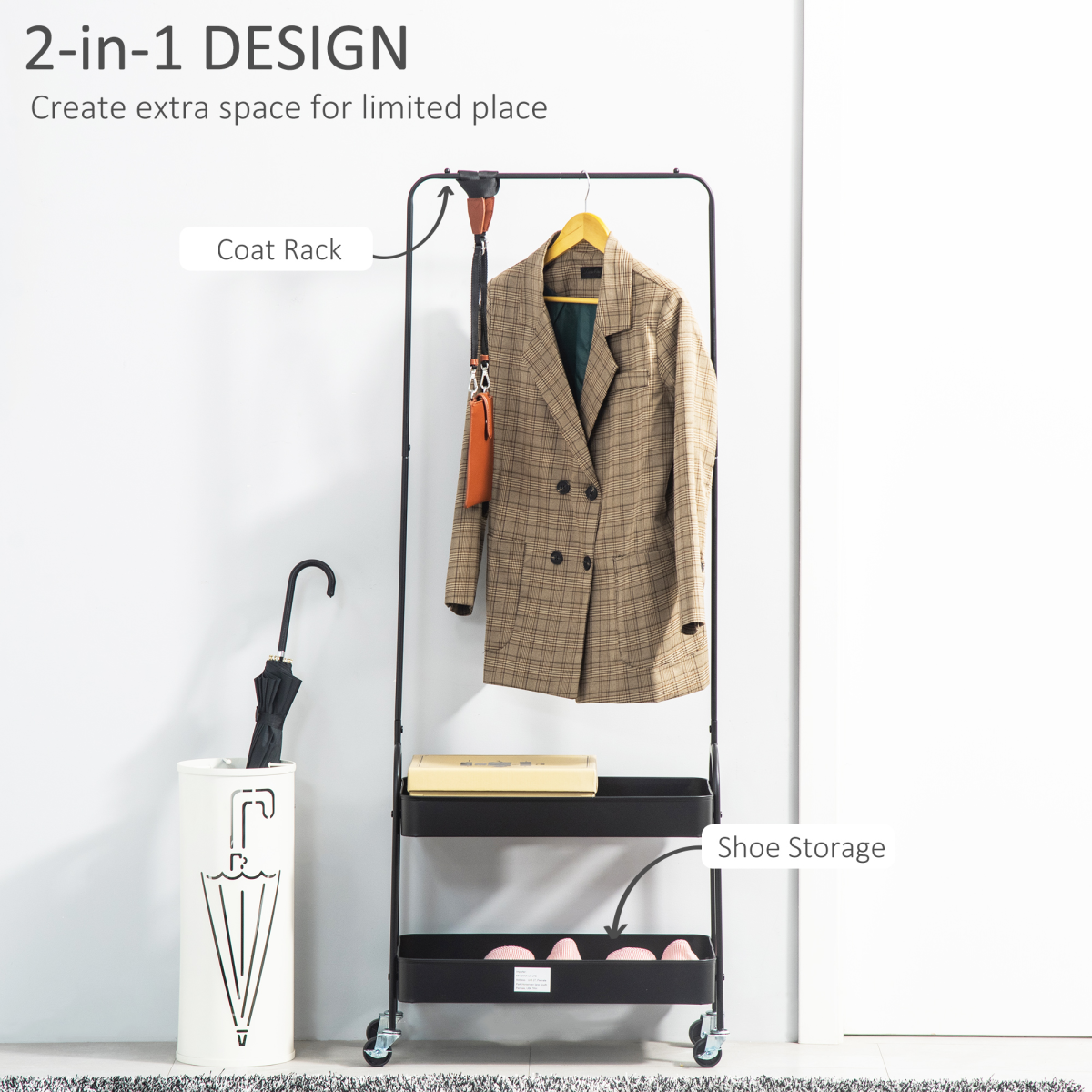 Compact Rolling Clothes Rail with Dual Storage Trays