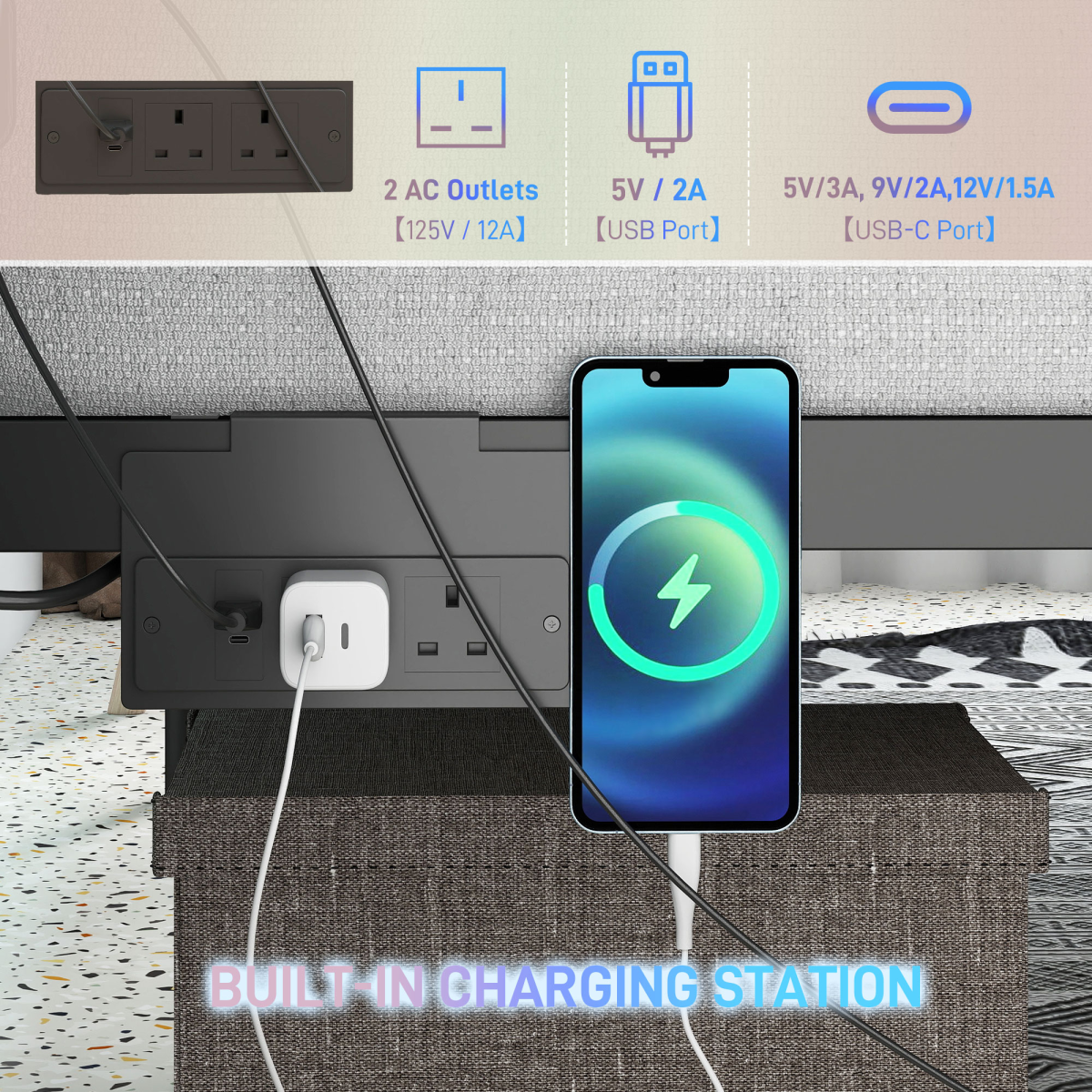 King Bed Frame with LED Lights and Charging Station