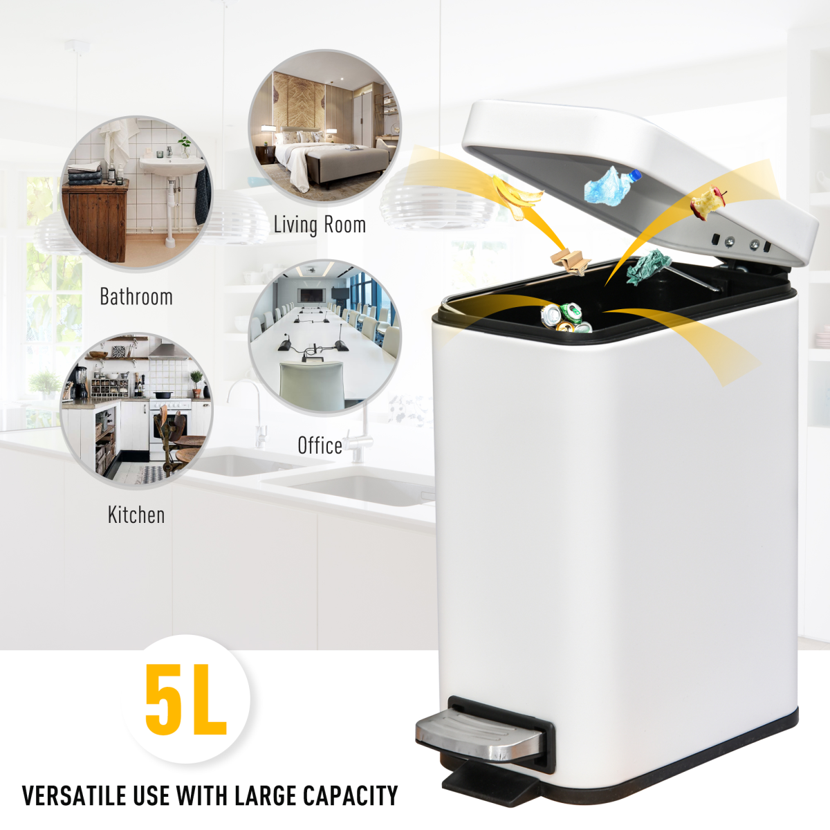 5L White Steel Pedal Bin
