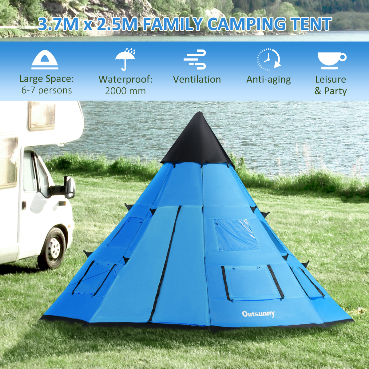 6–7 Person Tipi Camping Tent – Large Family Shelter with Mesh Windows & Carry Bag