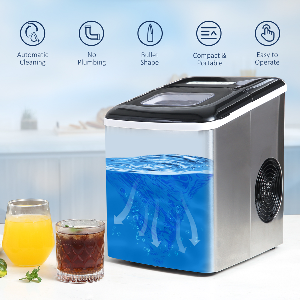 Compact Countertop Ice Maker – 12kg/24hr Output, Self-Cleaning Scoop Included
