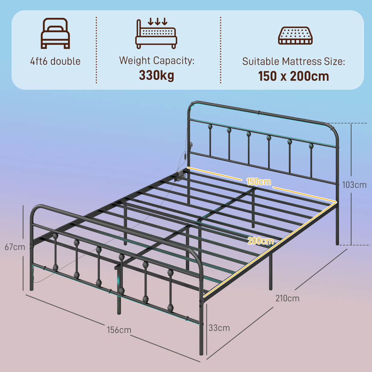 King Bed Frame with LED Lights and Charging Station