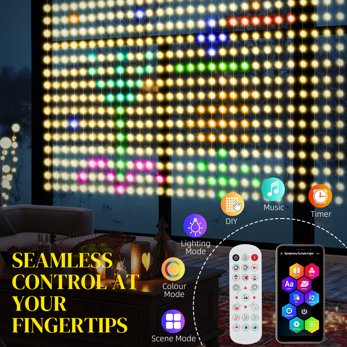 RGB Pixel Curtain Lights – 400 LEDs | App + Remote Controlled | 3x3m