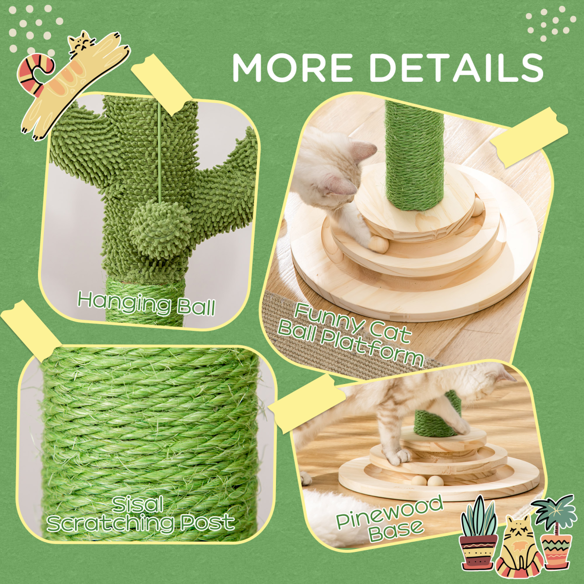 Mini Cactus Cat Tree – Scratcher Tower with Toys (60cm)
