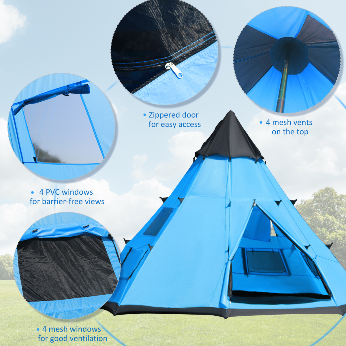 6–7 Person Tipi Camping Tent – Large Family Shelter with Mesh Windows & Carry Bag