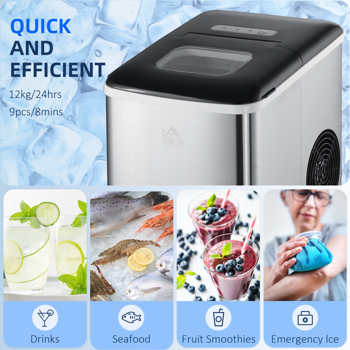 Compact Countertop Ice Maker – 12kg/24hr Output, Self-Cleaning Scoop Included
