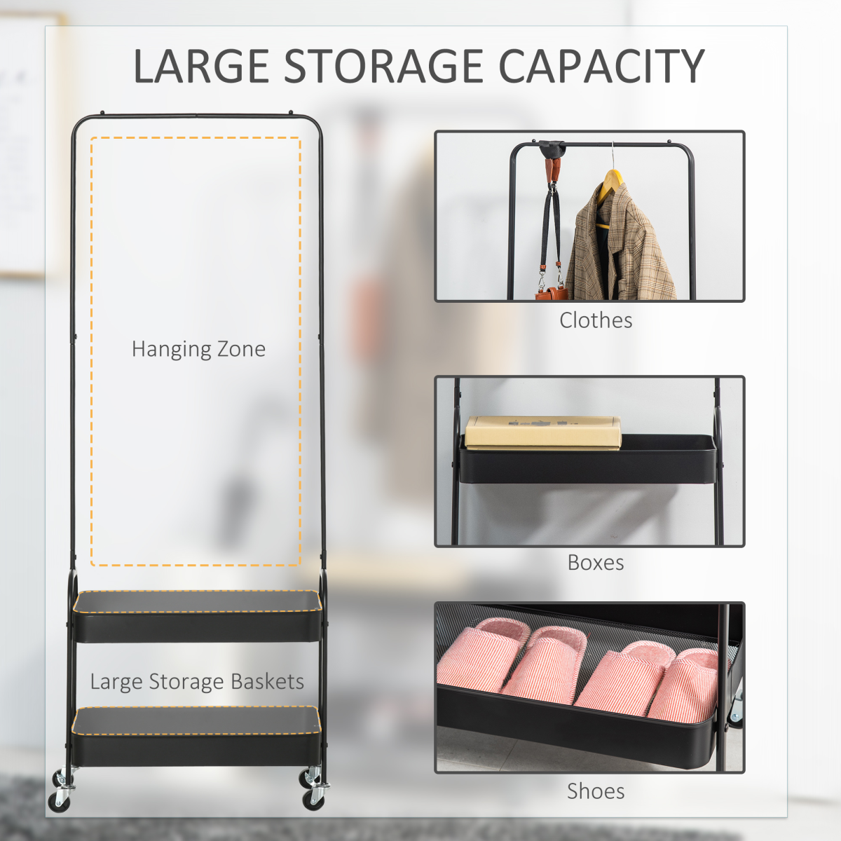 Compact Rolling Clothes Rail with Dual Storage Trays