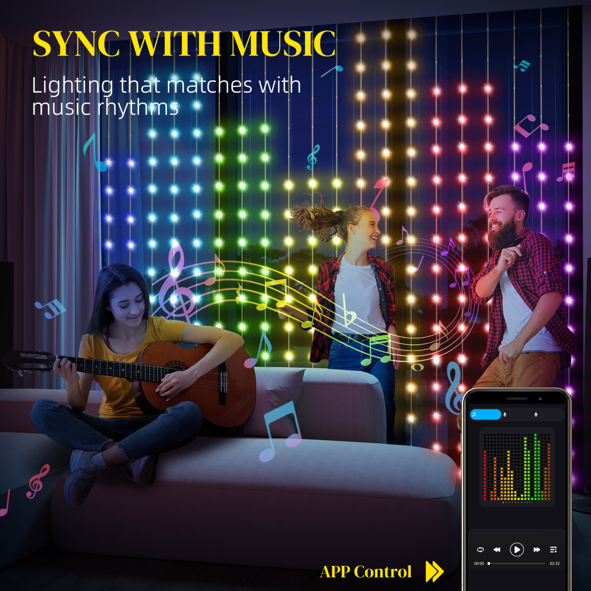 RGB Pixel Curtain Lights – 400 LEDs | App + Remote Controlled | 3x3m
