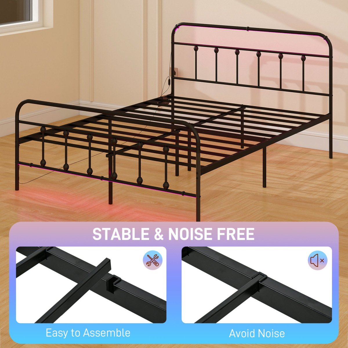 King Bed Frame with LED Lights and Charging Station
