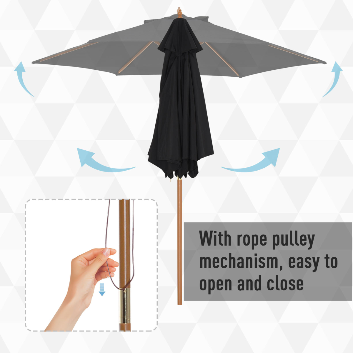 2.5m Wooden Garden Parasol with Rope Pulley & Vented Canopy
