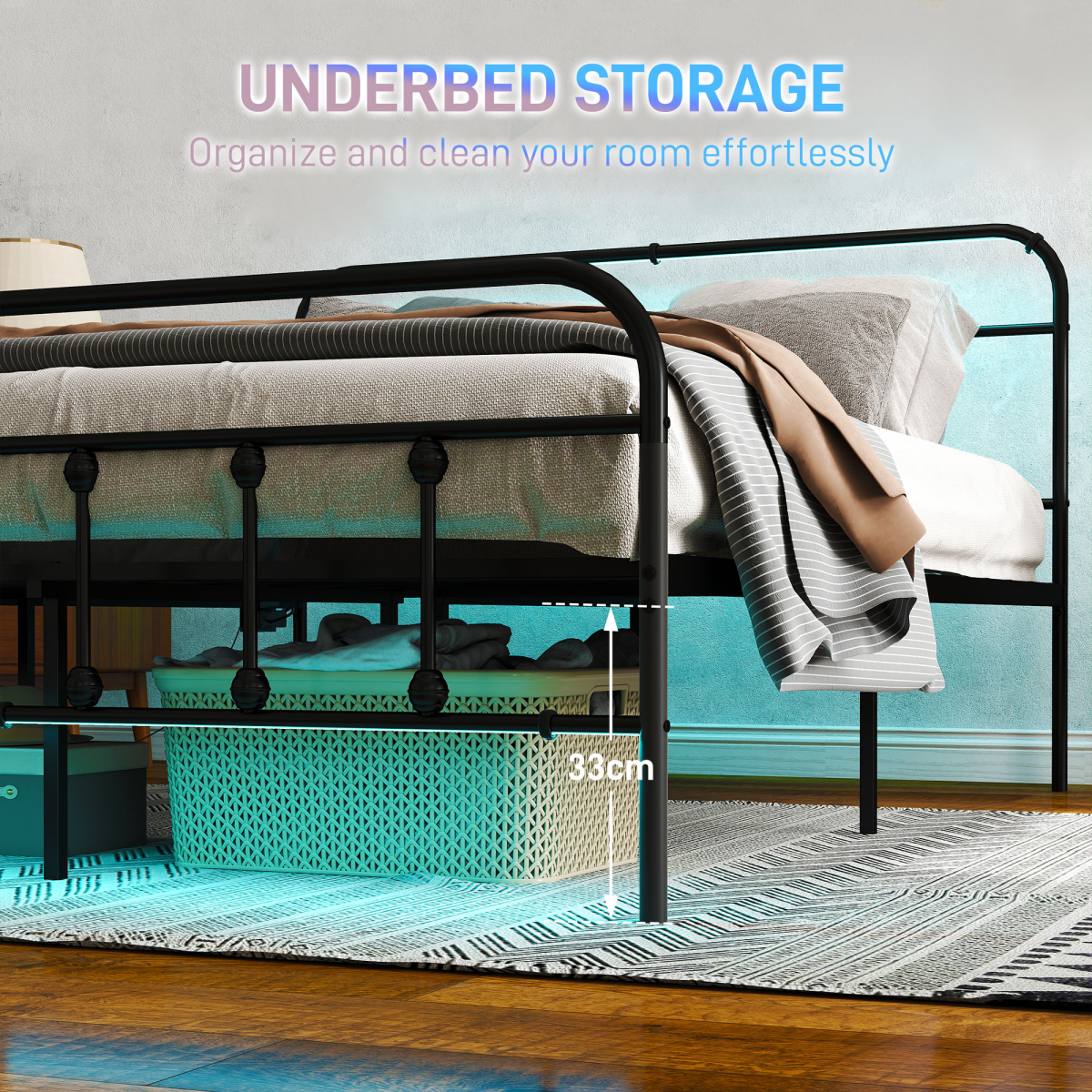 King Bed Frame with LED Lights and Charging Station