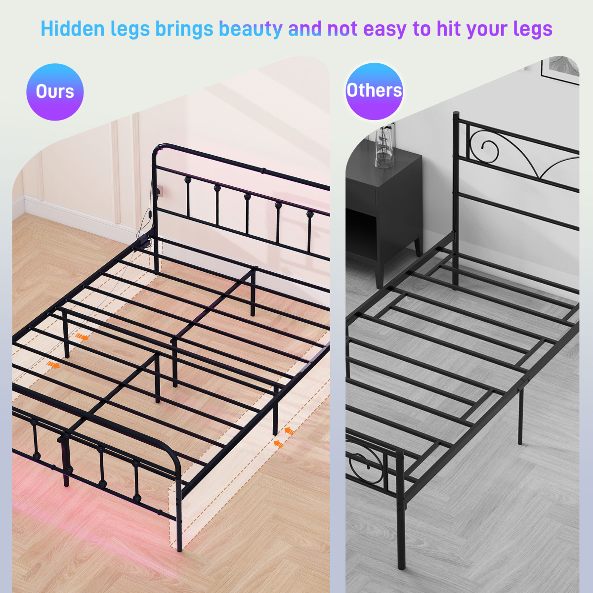 King Bed Frame with LED Lights and Charging Station