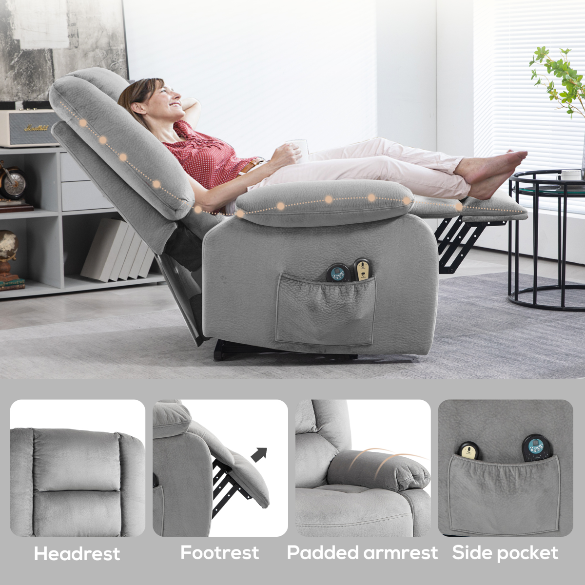 Electric Recliner Massage Lift Chair – Grey Velvet