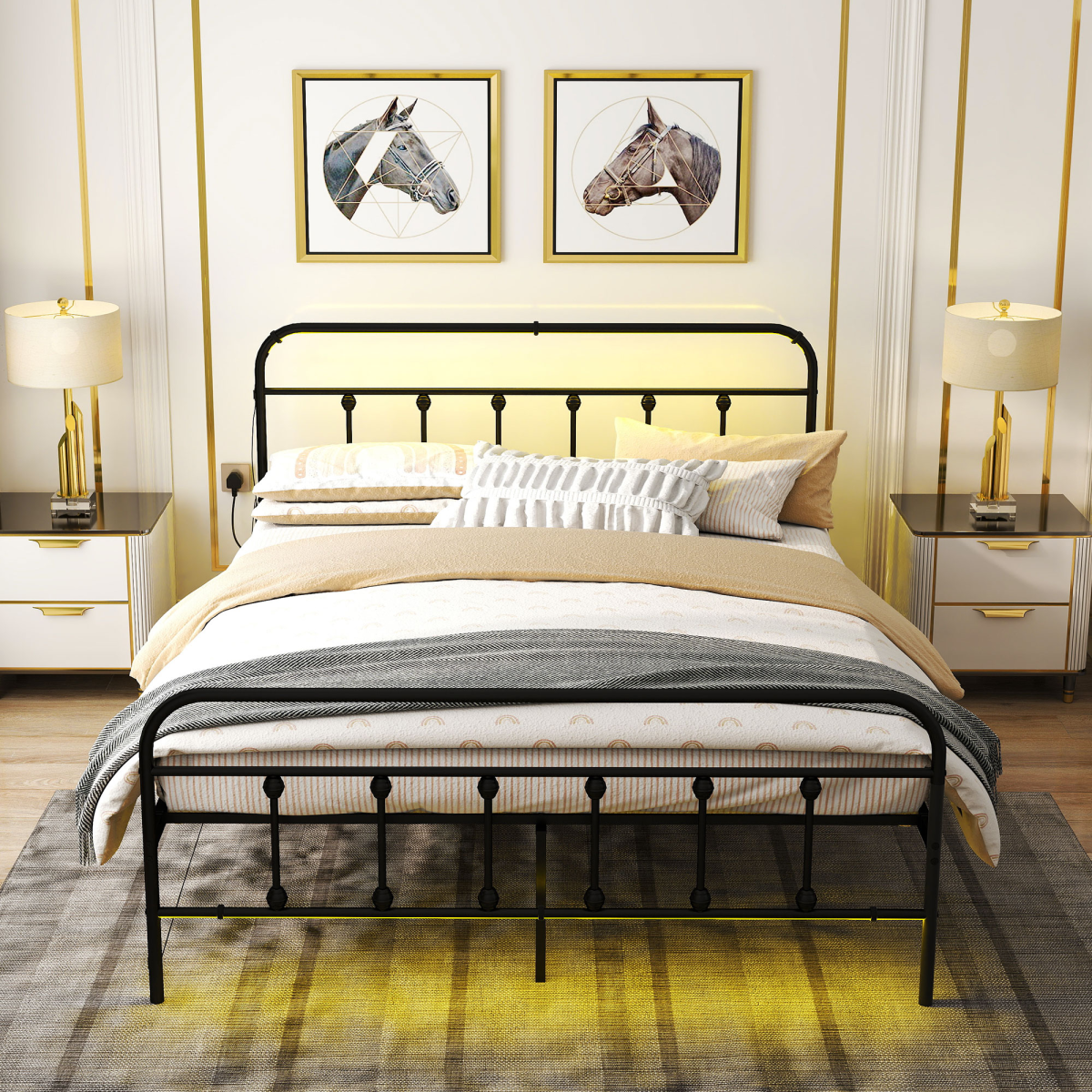 King Bed Frame with LED Lights and Charging Station
